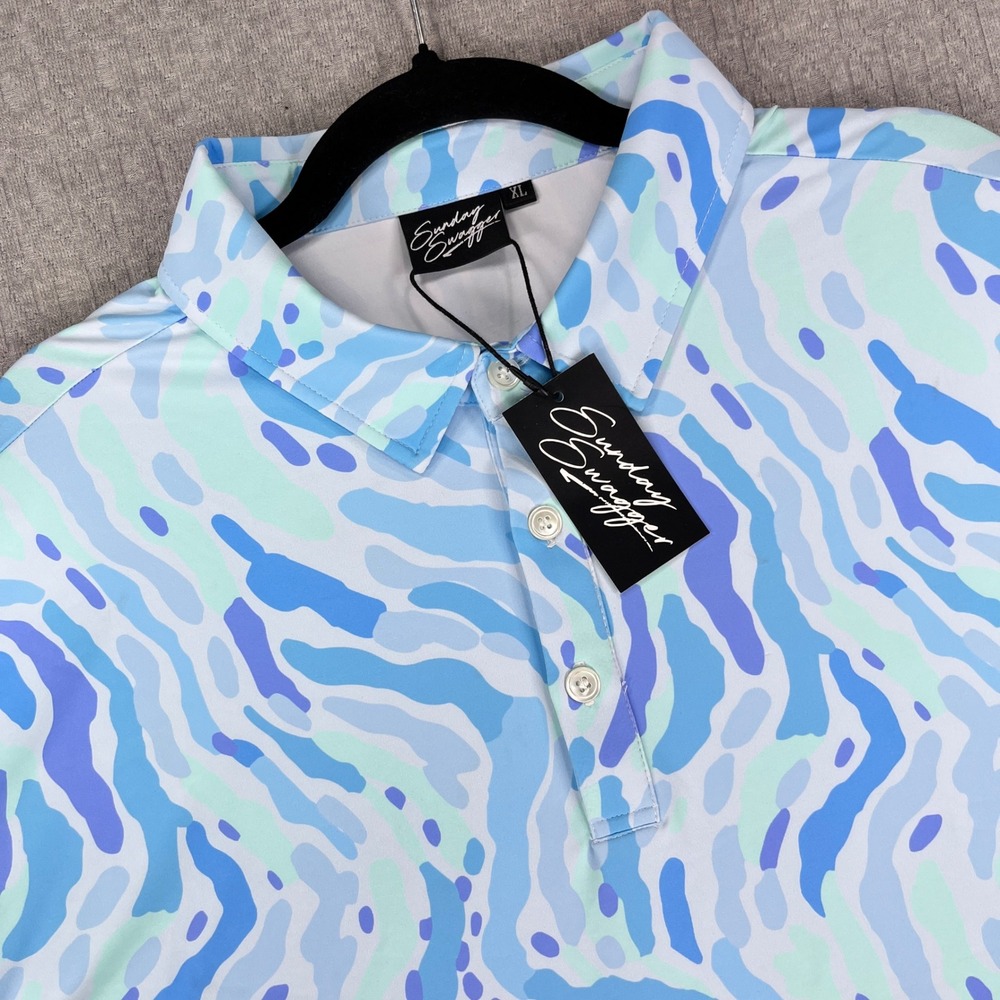 New Sunday Swagger Polo Golf Dress Shirt Mens XL Blue Abstract Wave Performance